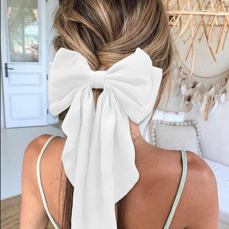 illpta Hair Bow for Girls,Cute Bow Hair Clips for Women Oversized Satin Hair clips Long Ribbon Hair Accessories Gifts for Girl (Pure white) - Image 4